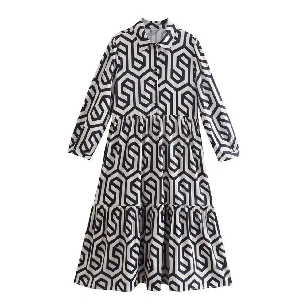 

Женская одежда URMASZA, новые модные винтажные платья миди с геометрическим принтом, однобортное шикарное и элегантное женское платье с лацкан...