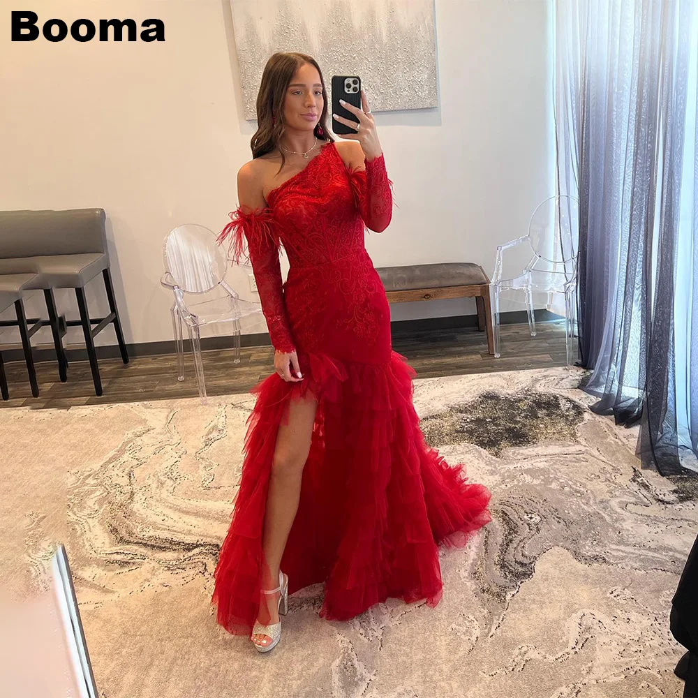 

Booma Red Elegant Evening Dresses Asymmetrical Feathers Tiered Tulle Prom Party Gowns Celebrate Events Dresses for Women vestido
