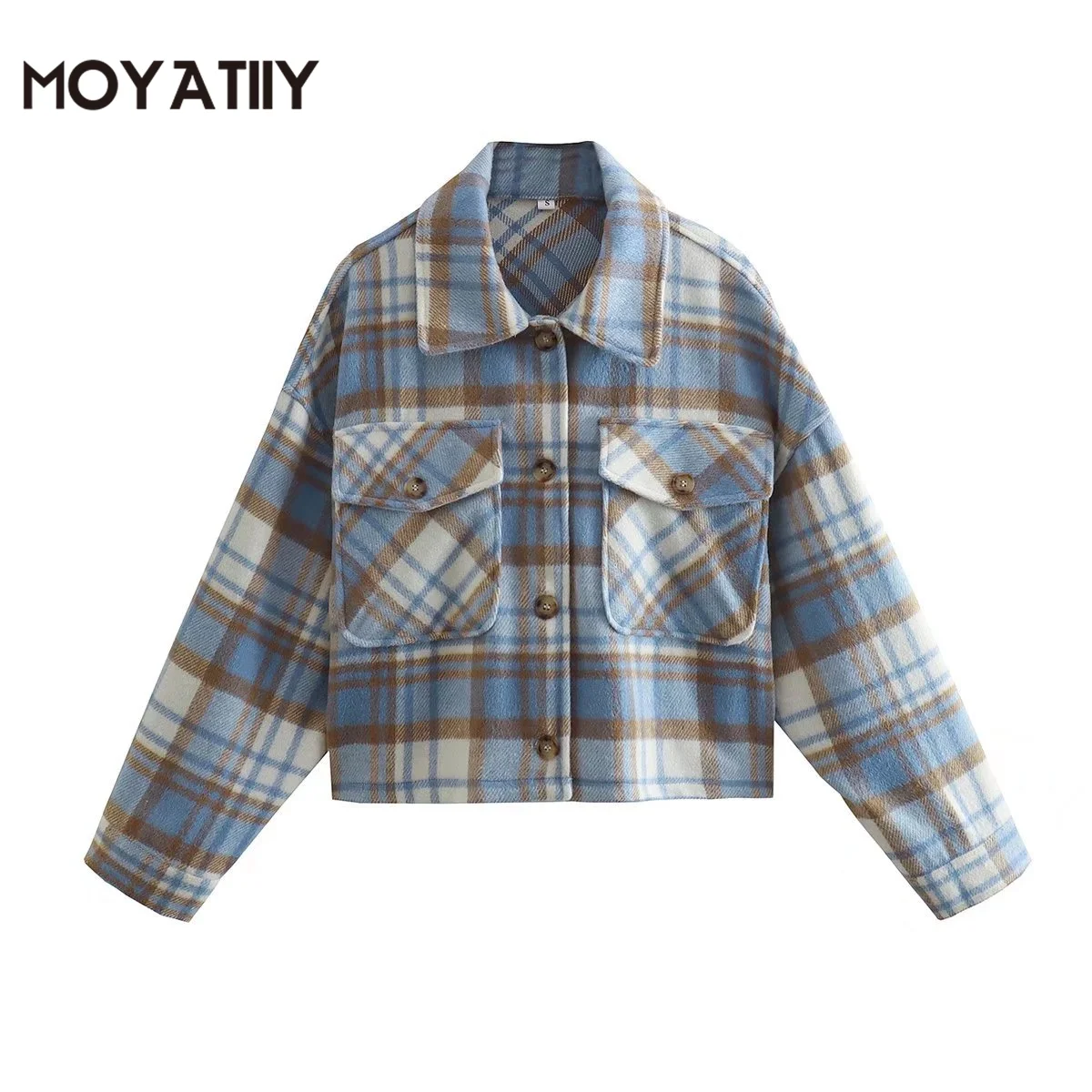 

MOYATIIY Women 2022 Fashion Autumn Winter Oversize Woolen Jacket Vintage Warm Plaid Pattern Overcoats Long Sleeve Female Tops
