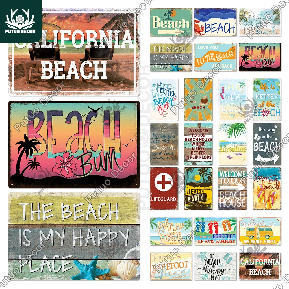 

Putuo Decor Beach Vintage Plaque Metal Plate Retro Tin Signs Summer Wall Art Decoration Seaside Bar House Room Iron Painting