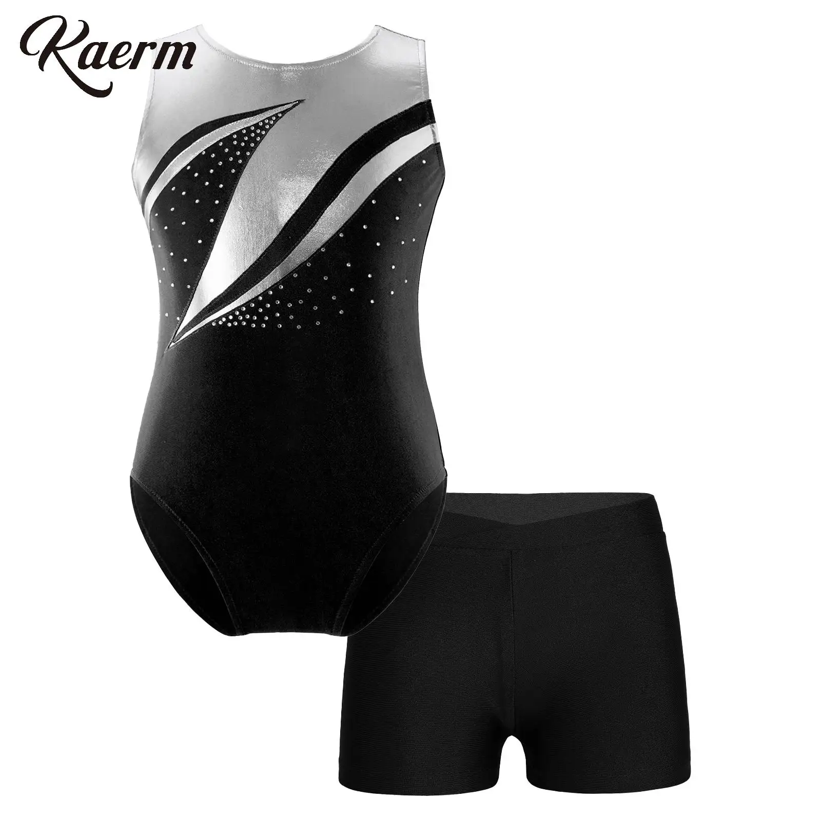 

Kaerm Gymnastics Leotard 2 Pcs for Kids Girls Metallic Tank Top with Shorts Cycling Biketard Figure Ice Skating Bodysuit Ballet