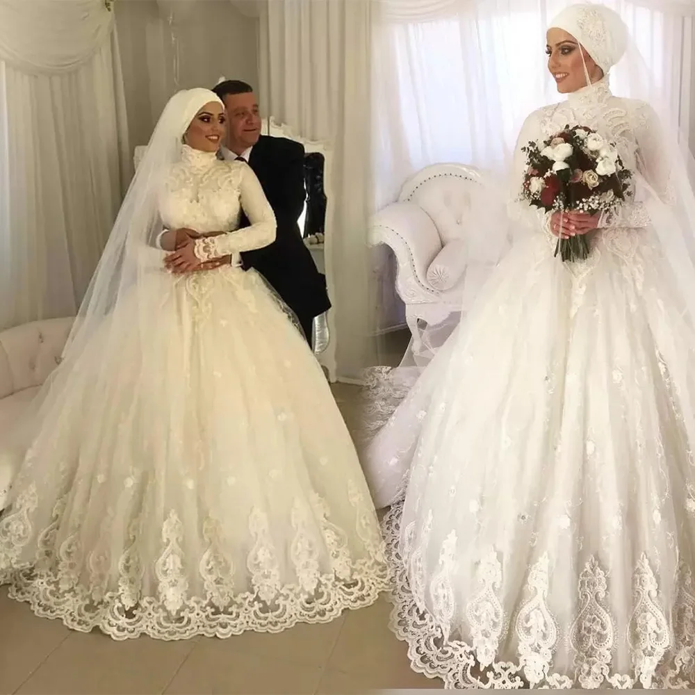 

Princess White Wedding Dresses A Line High Neck Long Sleeve Floor-Length Sweep Train Applique Beaded Tulle long Illusion