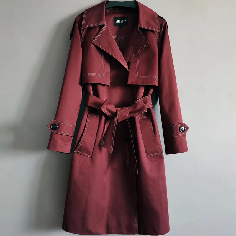 

Red Wine Windbreaker Women's 2023 Spring Autumn Fashion Medium Length Trench Coat Female Belt Black Outerwear Cardigan