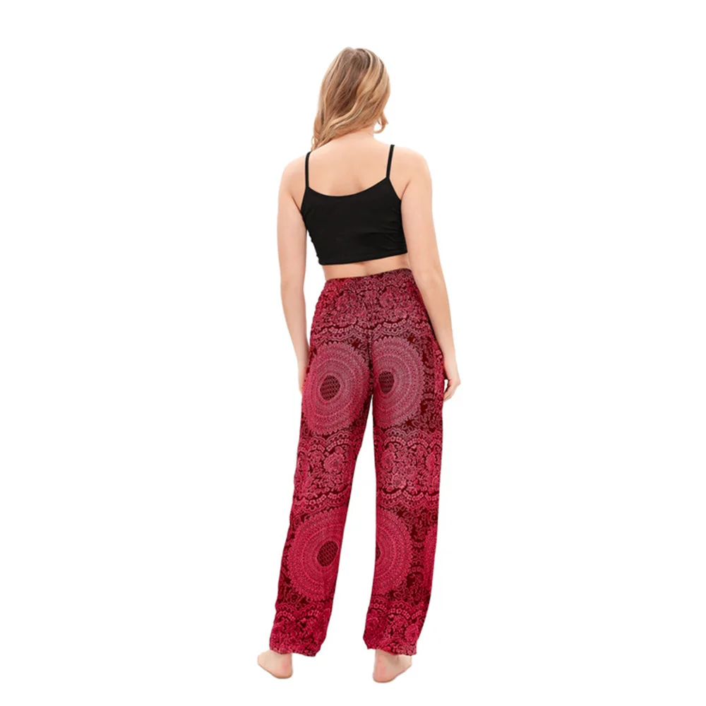 Women's Bohemian Printing Rayon Beach Pants Summer New Elastic High Waist Women Sports Long Trousers Boho Hip Hop Streetwear