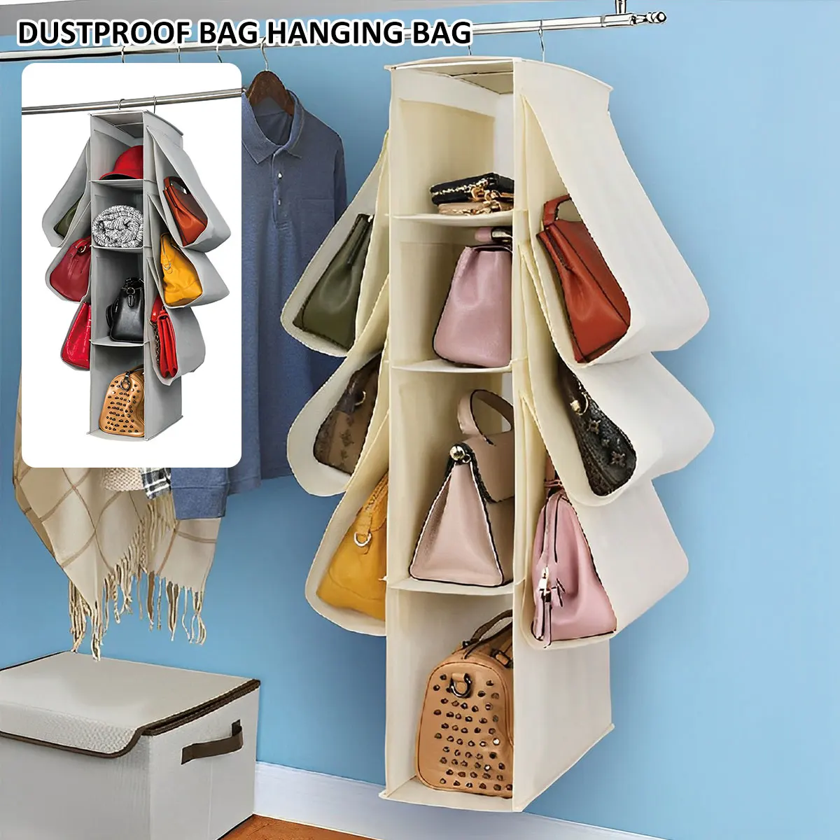 

Hanging Handbag Organizer Non-Woven Hanging Purse Storage Bag Large Capacity Closet Storage Bag Hanger with Hook and Multiple