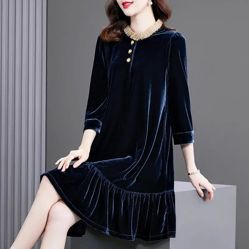 

Spring Autumn Stand Collar Solid Patchwork Dress Loose Ladies Casual Three Quarters Sleeves Knee Length Women's Vestidos M709