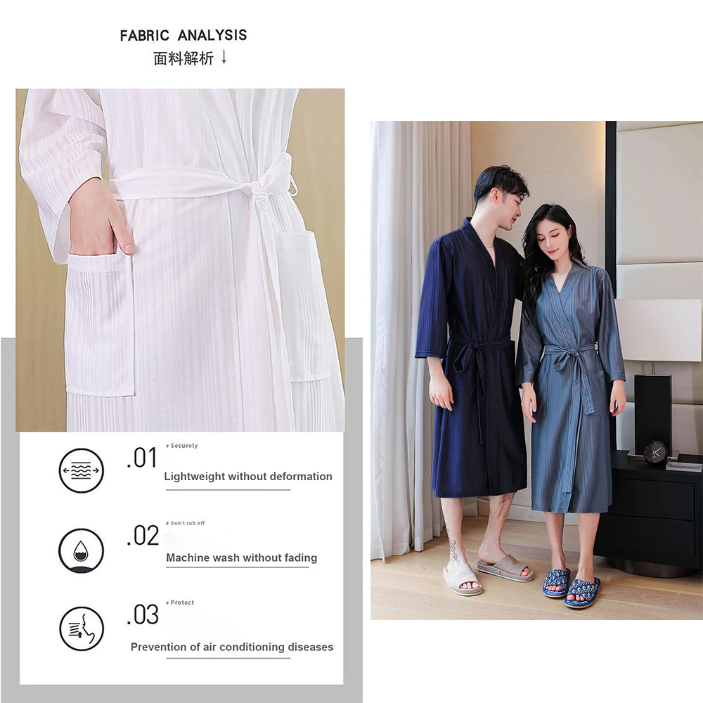 Summer Ice Silk Satin Soft Couple Sleepwear Fashion V Neck Solid Waffle Women's Robe Water Absorption Shower Robe Men Bathrobe