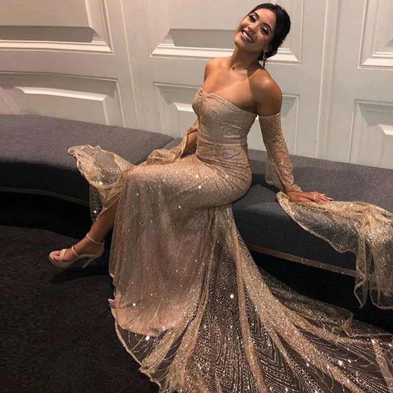 New Style Fashion Sexy Sequined Shoulder Sleeve Dress Tube Top Dress Split Long Skirt Party Dress For Women Ball Dresses