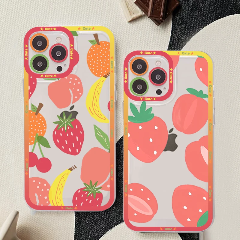 

Peach strawberry Phone Case For iPhone 14 13 12 11 Pro Max Mini X Xs XR 6 7 8 Plus SE 2020 Transparent Case
