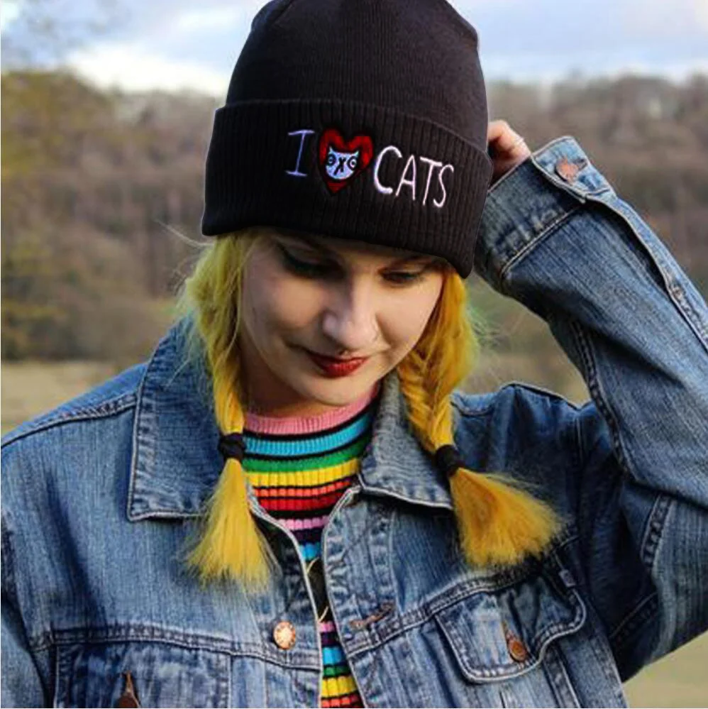 

2019 New i Love Cats Wool Hat Embroidered Knitted Hat Pullover Hip Hop Hat หญิง สวยงาม handmade หมวกไหมพรมกันหนาวบุขน
