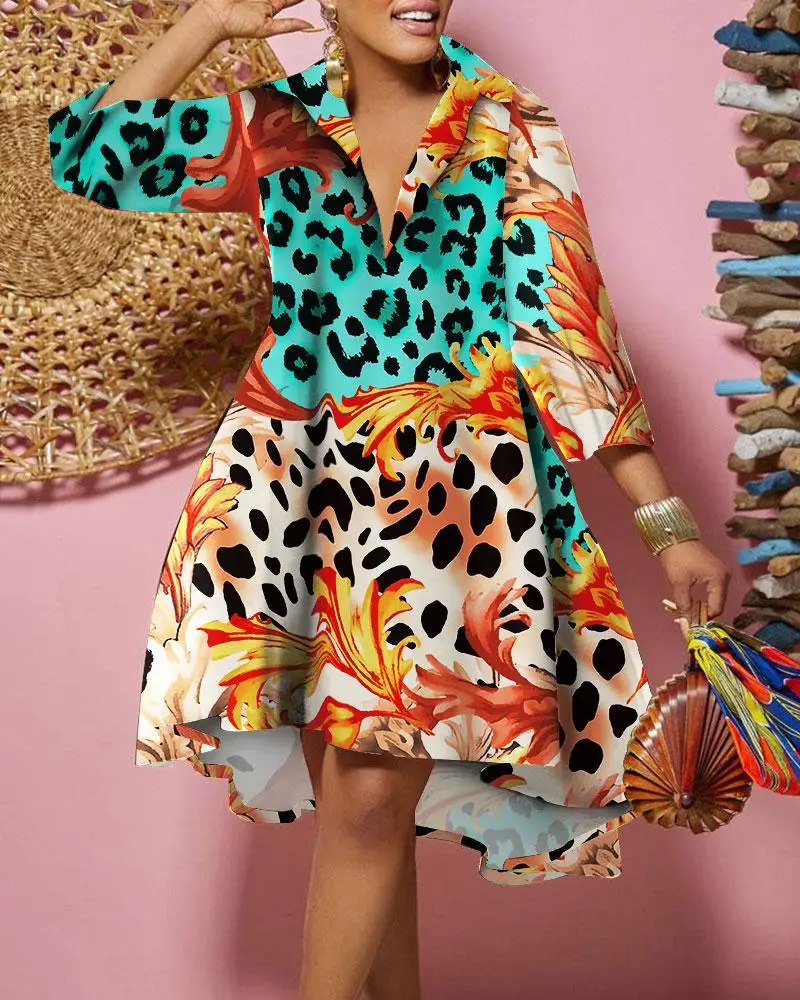 Plus Size Elegant Women Dress Patchwork Print V Neck Club Outfit Casual Loose Luxury Gown 2023 Summer Wide Evening Party Dress