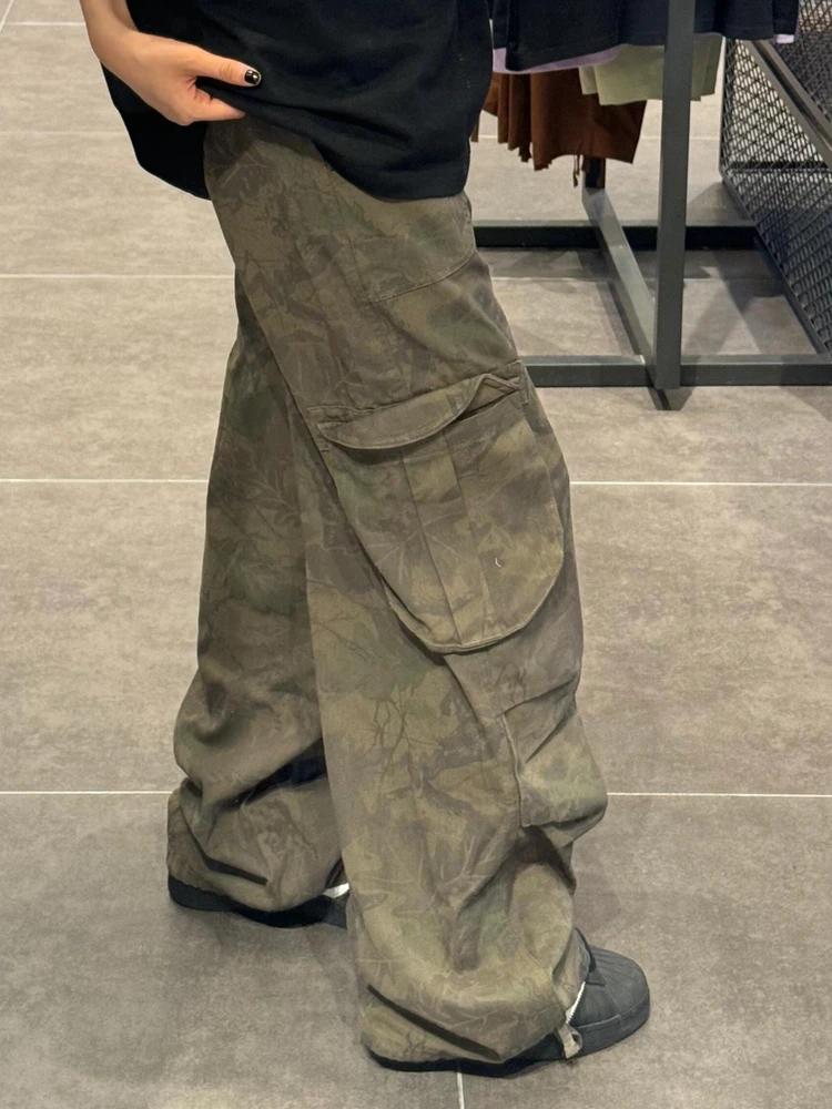 Зеленые камуфляжные женские джинсы с высокой талией винтажные прямые мешковатые