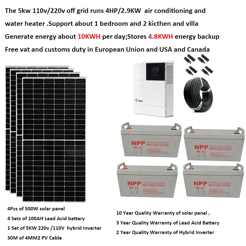 

Solar Panel Kit Complete With Battery 5000W 220V 110V Solar Panel 500W UPS Hybrid Inverter Off Grid System 4HP Farm Car Caravan