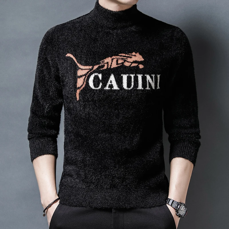 Sweater New Top Imitation Mink New Fashion Brand Designer Pullover Knitted Jacquard Half High Neck Sweater Casual Men's Wear