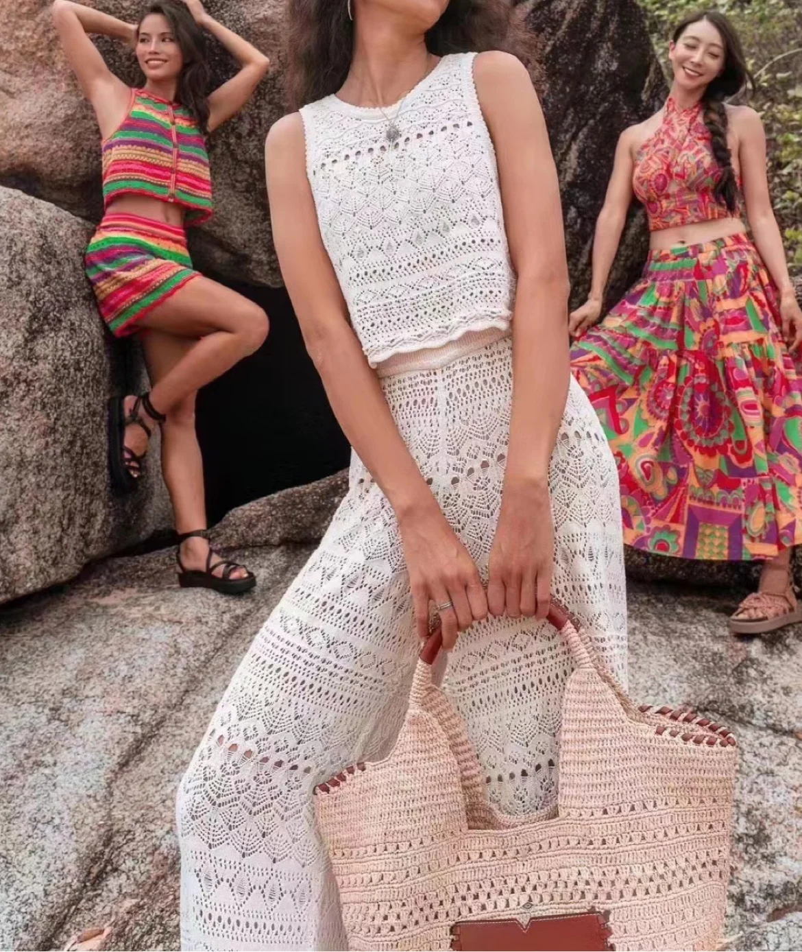 

2023 New Women Resort Style Hook Crochet Set Sleeveless Vest Top+ Sweet Girl Knitted Long Skirt