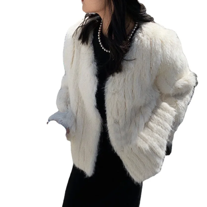 V-neck fur fluffy, silky, hairy, autumn and winter coat, female
