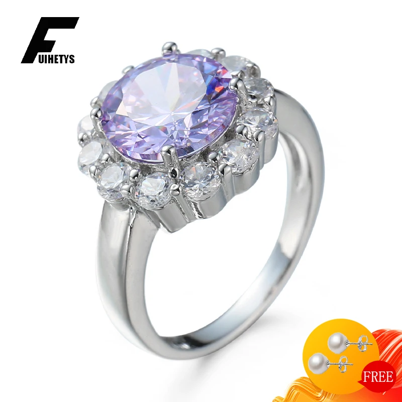 

Trendy Rings 925 Silver Jewelry Round Amethyst Zircon Gemstones Finger Ring Accessories for Women Wedding Engagement Party Gifts