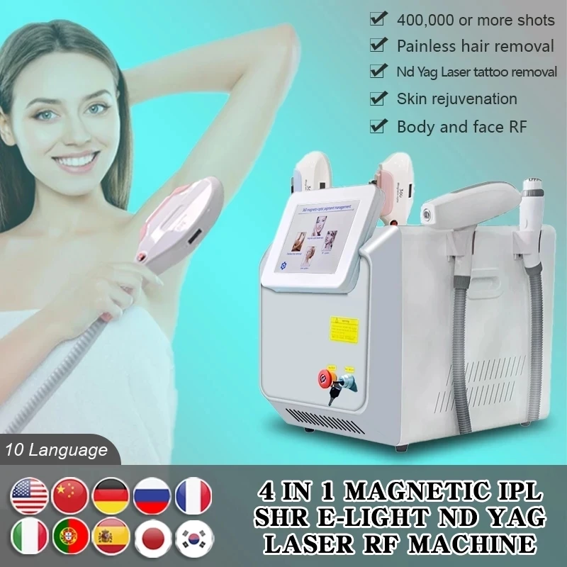 

Портативный Аппарат для удаления волос 4 в 1, 3 цвета, 360 megnet IPL OPT Elight, RF ND YAG лазер 1064, удаление татуировок, косметическая машина 4