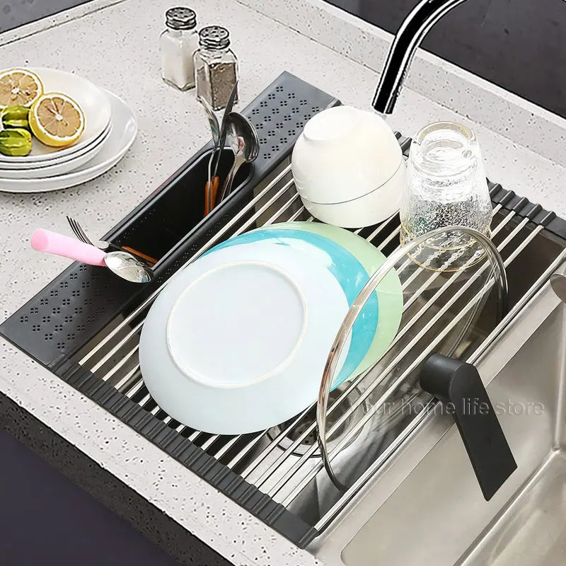 Кухонная скатывающаяся сушилка для посуды складная стойка сушки над раковиной
