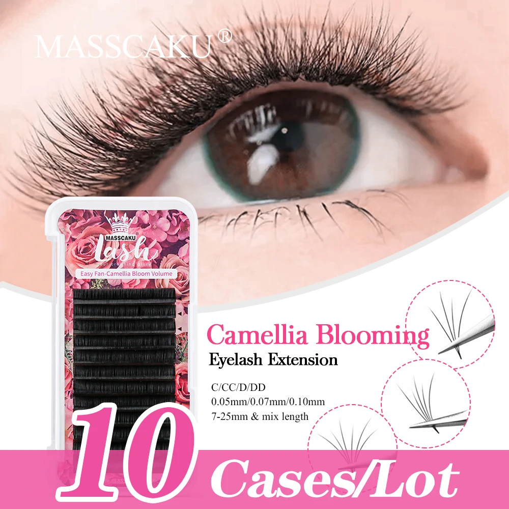 

MASSCAKU 10Cases/lot Auto Fans Russian Volume Lashes Easy Fanning Natural Soft Camellia Eyelashes Extension Makeup Supplies