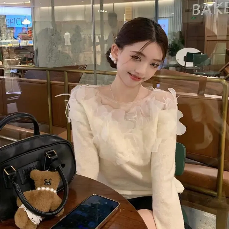 Элегантный вязаный топ во французском стиле для женщин ранняя осень белый