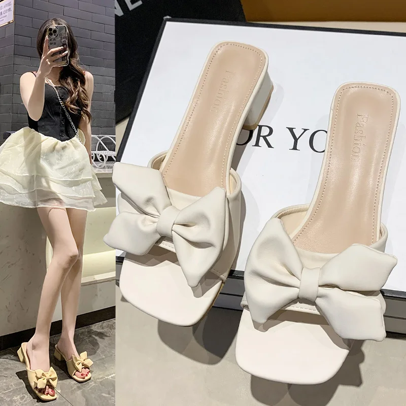 

Шлепанцы женские на квадратном каблуке, мягкие туфли-лоферы, квадратный каблук, с бантом-бабочкой, Роскошные туфли на среднем квадратном каблуке, лето 2023