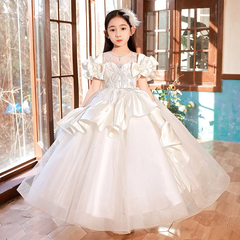 

Off White Flower Girl Dress Children's Princess Host Piano Performance Dress Girl Nobel Simple Communion Dresses