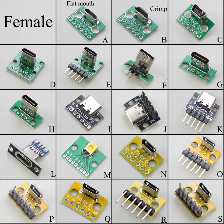 

1PCS Data Charging Cable Jack Test Board with Pin Header 90 Degree Micro Mini USB Type C 2Pin Female connector