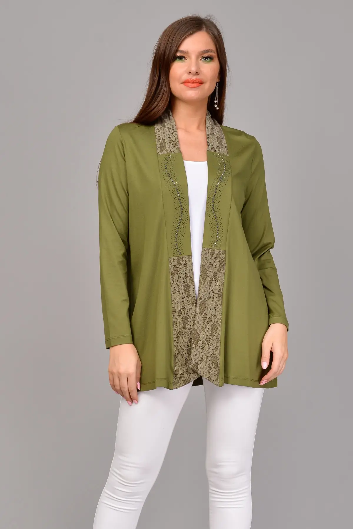 

Women's Cardigan Khaki Lace And Stone embroidery Casual Knitted Quality Fashion Sweaters Loose Jumper