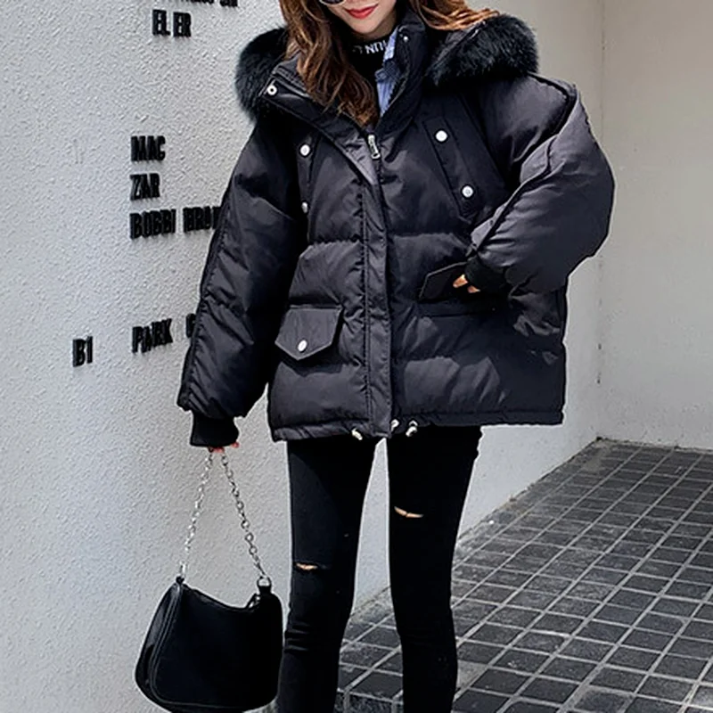 Thick Bread Cotton Coat Women's Mid-length Winter Hooded Furry Coat Women's Coat Women's Loose Casual Down Jacket Cotton Coat