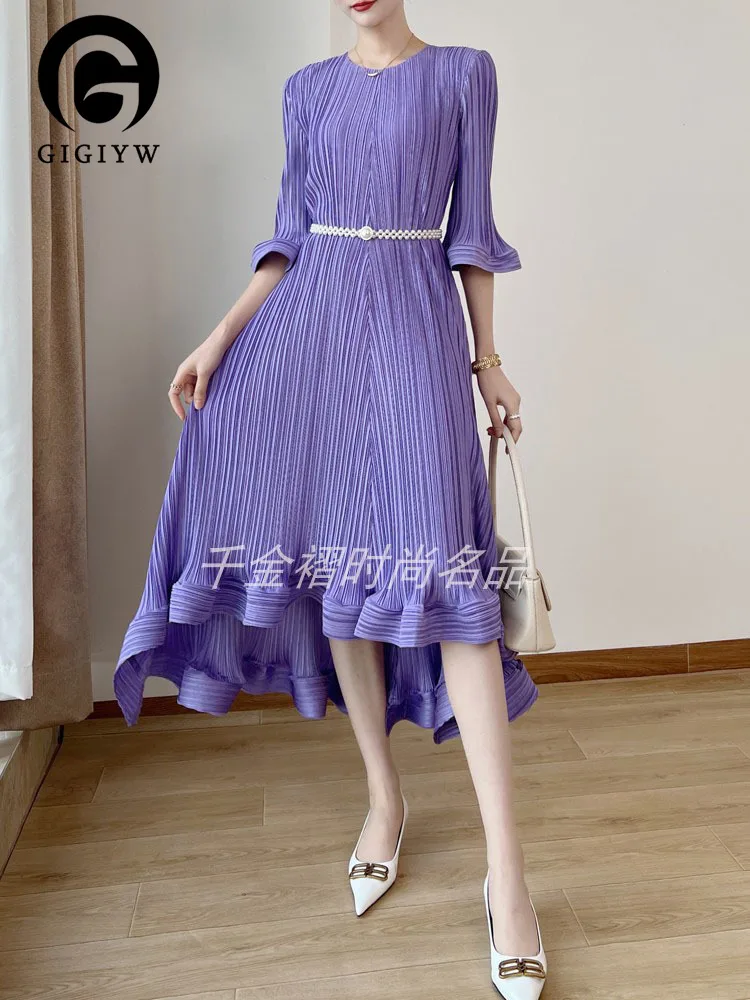 

Женское однотонное плиссированное платье GIGIYW, асимметричное элегантное вечернее платье с рукавами-фонариками и высокой талией, модная жен...