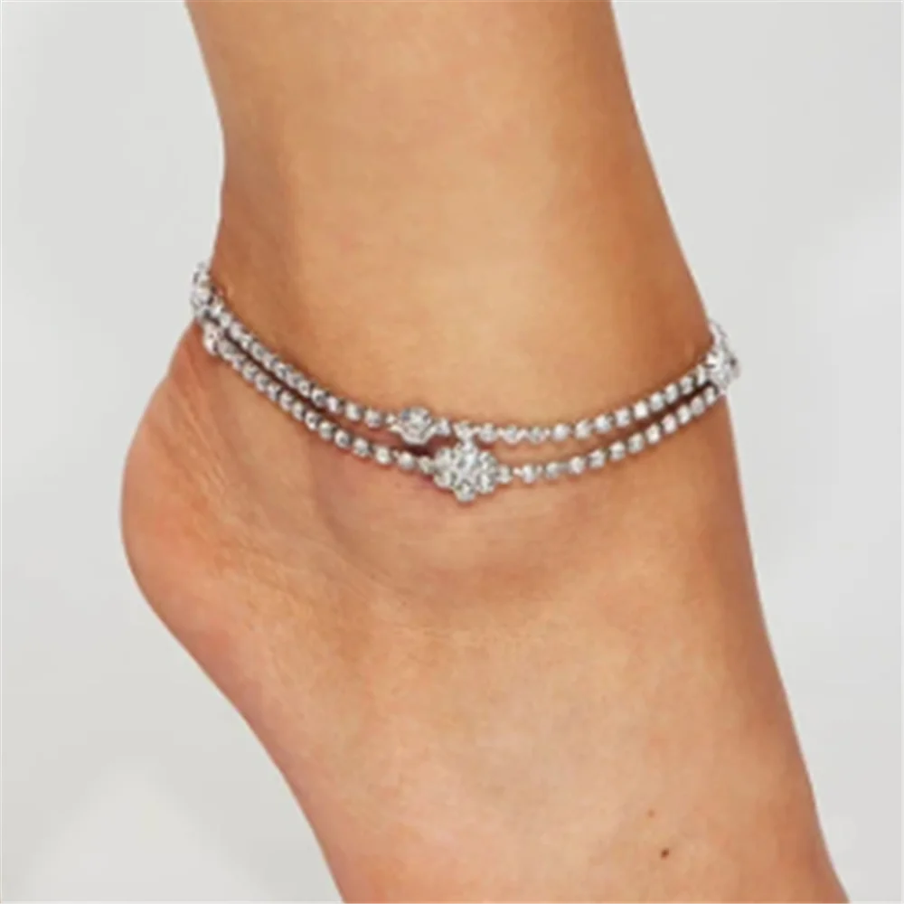 

Summer Beach Rhinestone Exquisite Flower Foot Anklet 2 Pcs Set for Women Crystal Tennis Chain Barefoot Bracelet Anklet Jewelry