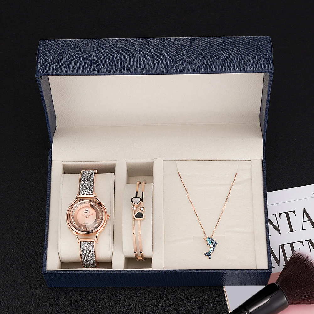 

ZONMFEI brand quartz wristwatches women stainless steel bracelet dolphin necklace watches sets with gift watch boxes hot sale