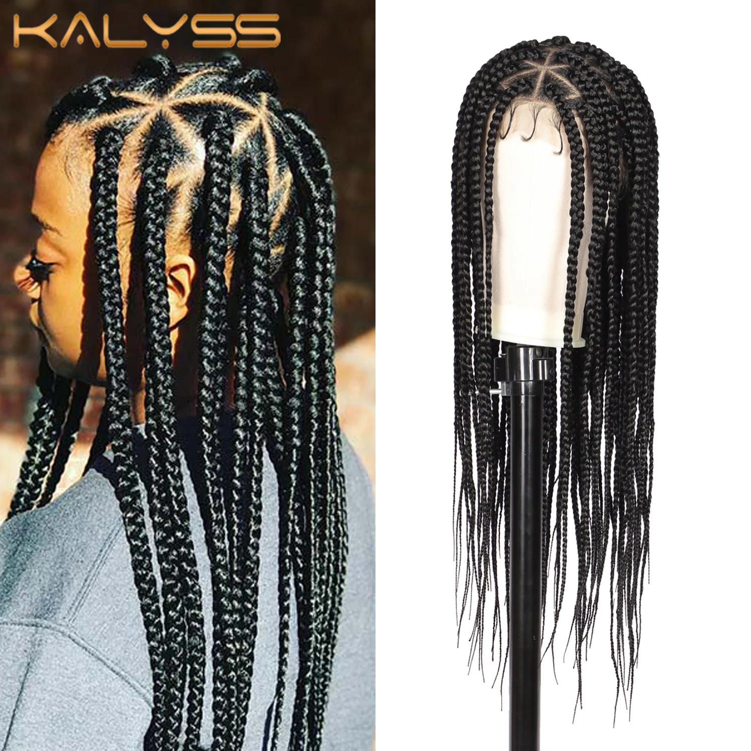 

Kalyss 32" Full Lace Front Braided Wigs With Baby Hair 360 Lace Large Triangle Knotless Box Braid Synthetic Wig For Black Women