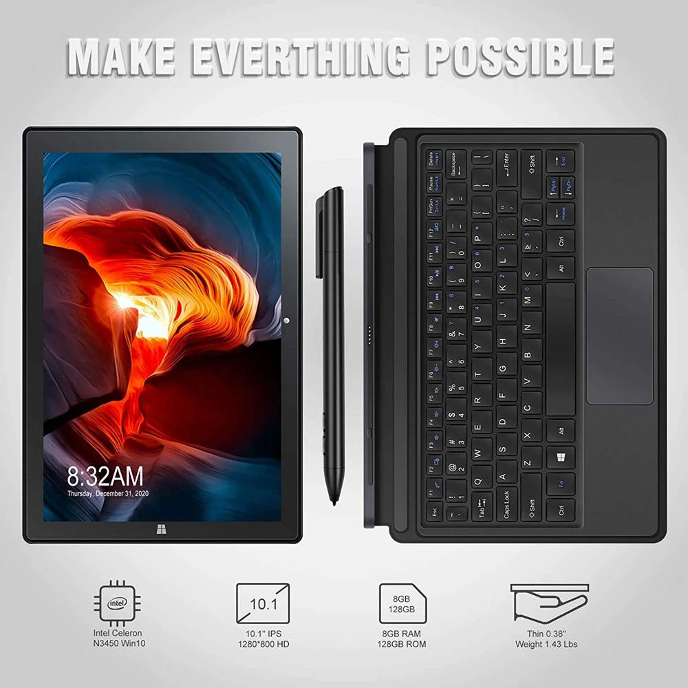 

AWOW 2 in 1 Tablet With Keyboard And Pen Stylus XP 10.1 Inch 8GB Ram 128GB