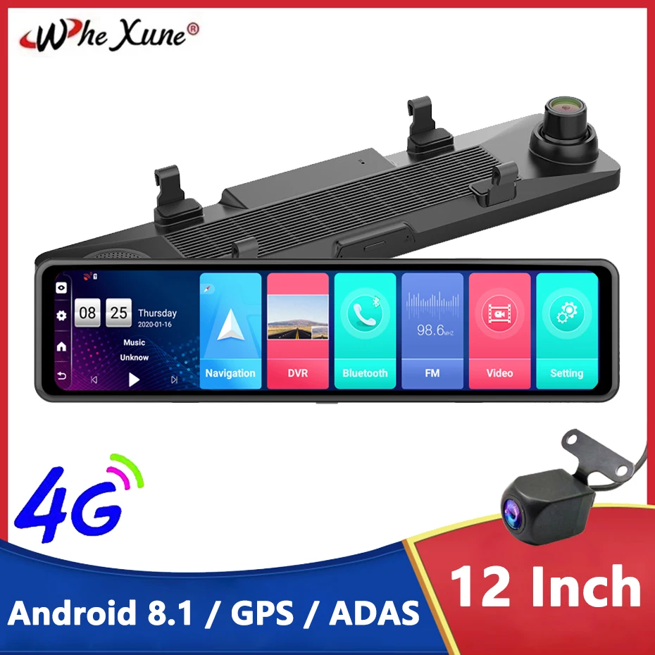 

WHEXUNE New 4G Car Dvr Android 8.1 ADAS 12 Inch RearView Mirror Camera FHD1080P Dash Cam Video Recorder GPS Navigation Dual Lens