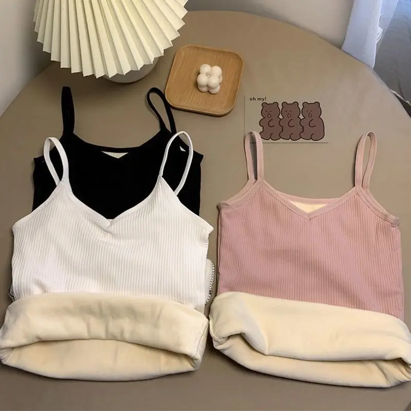 

Winter Cotton Warm Suspender Vest Female Student Plush Thickened Heating Inner Layer Slim V-neck Solid Color Bottomed Shirt