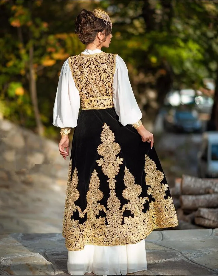 Белое черное арабское платье Caftan для выпускного вечера с бархатной курткой