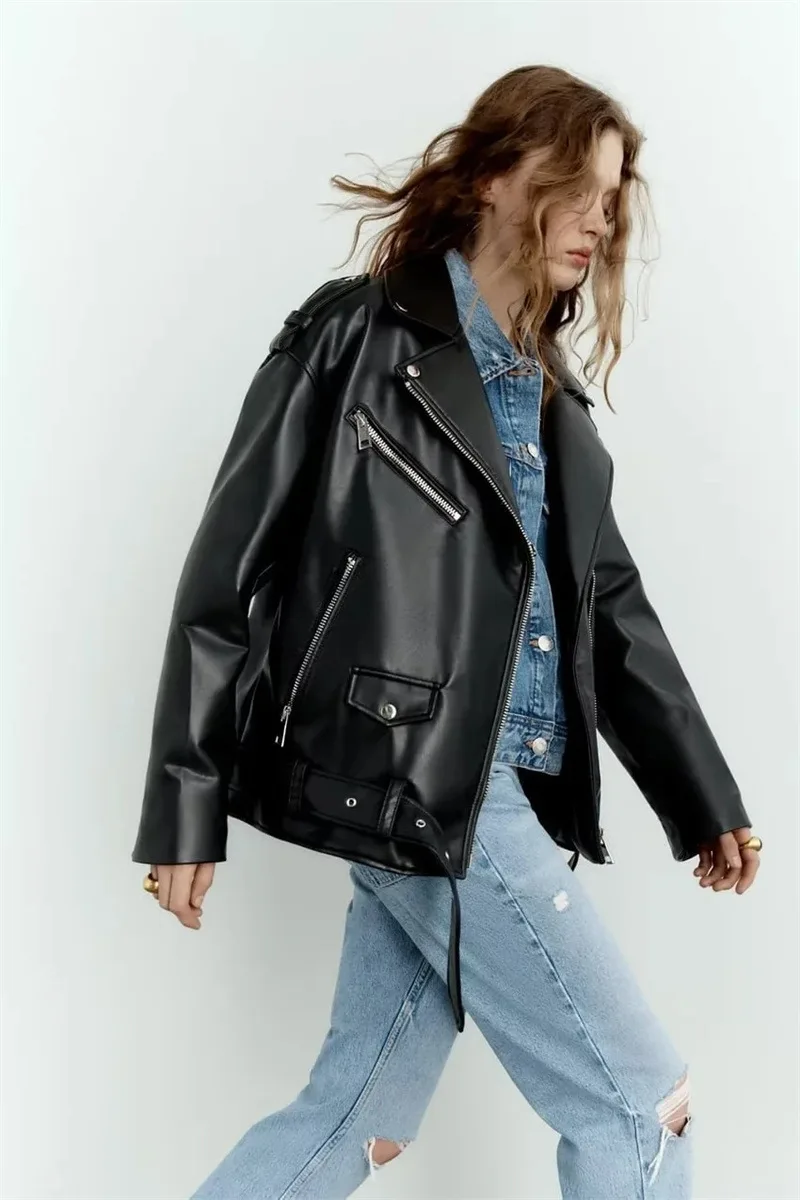 KoHuiJoo Black White Motorcycle Leather Jacket Autumn Women Turn-down Collar Short Loose PU Casual Female Oversize With Belt