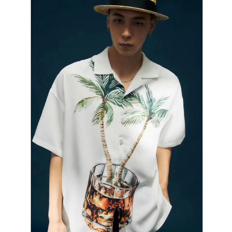 

Vintage Coconut Whisky Hand-painted Print Hawaiian Shirt Men Button Up Shirt Summer Casual Short Sleeve Commute Shirt Male Shirt