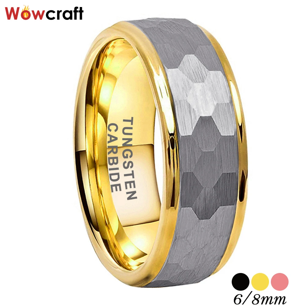 

6/8mm Gold/ Rose Gold/ Black Hammered Tungsten Wedding Band Ring For Men Women Confirm Fit Stepped Boyfriend &Father's Gift