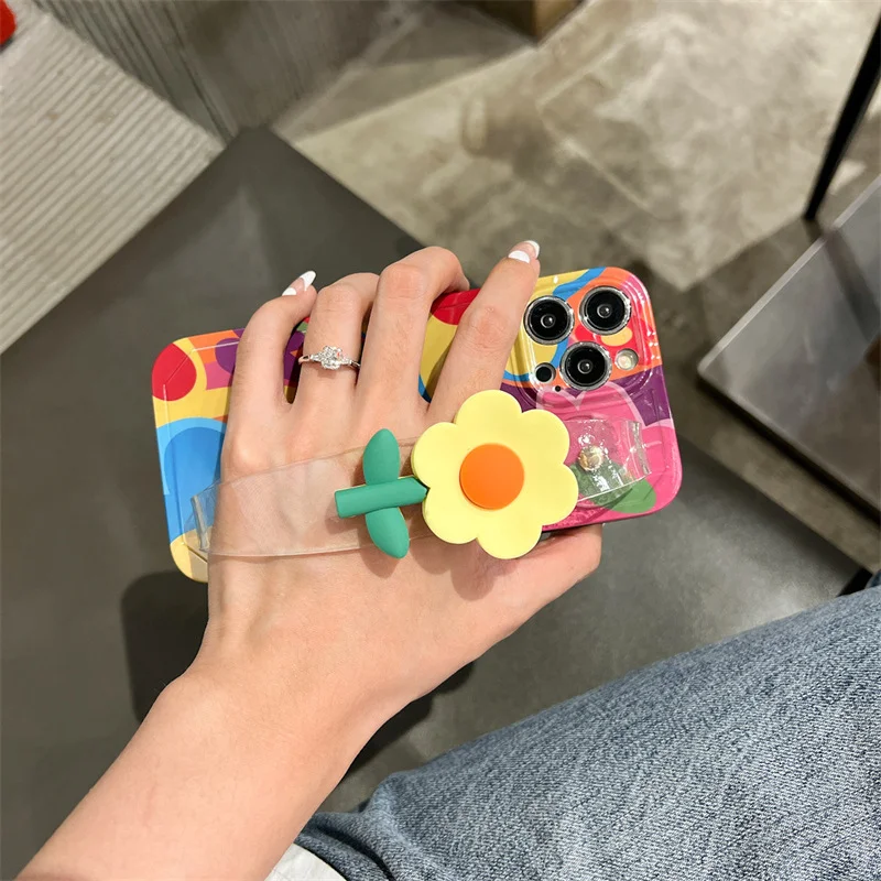 Silicone Phone Case For iPhone 12 11 14 Pro 13Pro Max Plus 2023 Daisy Flower With Lanyard Neck Strap Case Fashion Holder Cover