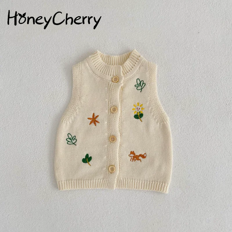 

HoneyCherry New Baby Girl Knitted Cardigan Embroidered Round Neck Vest Jacket for Spring Girls Sweater