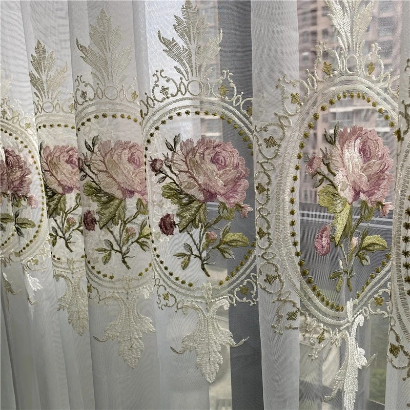 Luxury White Embroidery Flowers Curtains for Living Room Chinese Classical Peony Window Screen Panels for Bedroom Tassel Tulle T