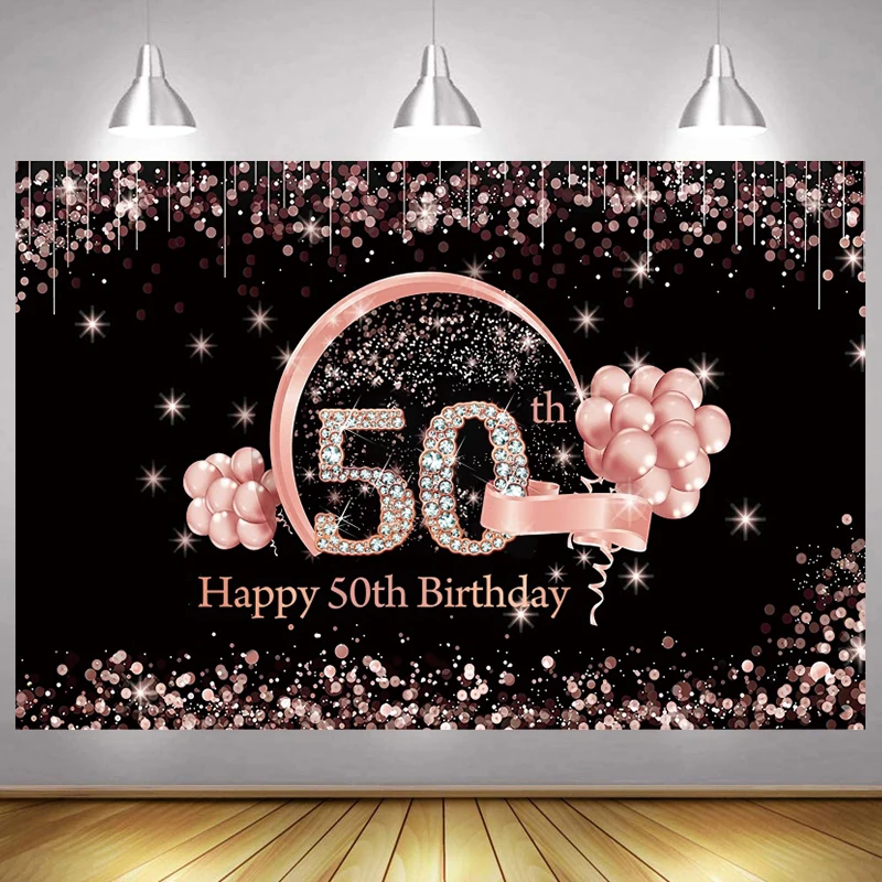 Rose Gold 50th Backdrop Women Men Pink Happy Birthday Party Fifty Years Photography Background Adult Photographic Photo Banner