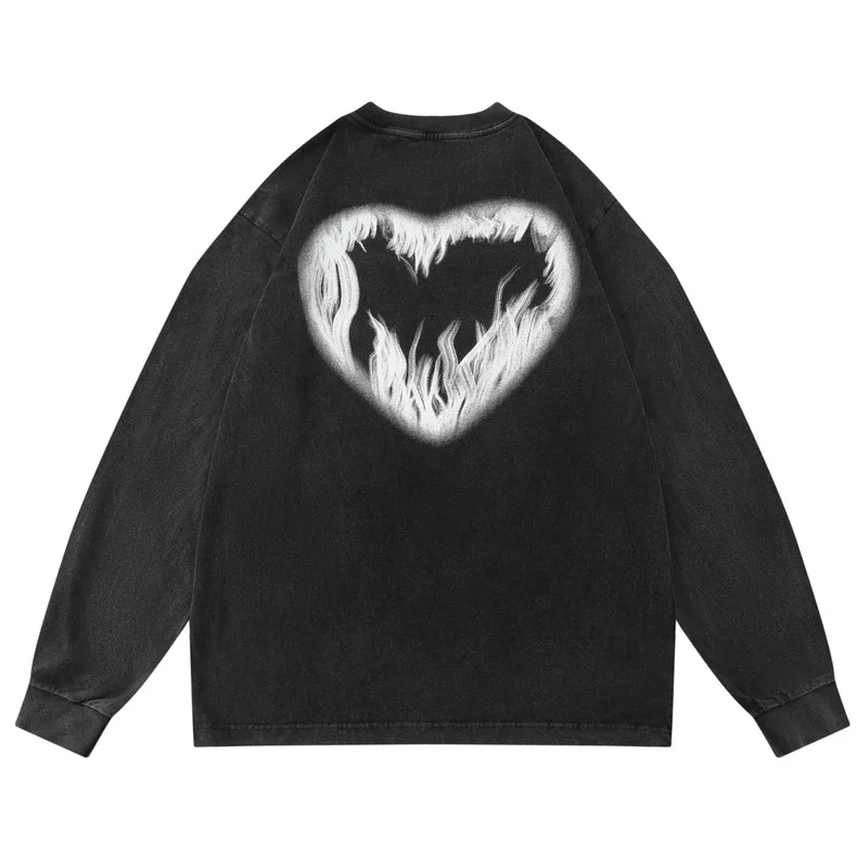 

2022 Hip Hop Streetwear Vintage T Shirt Letter Heart Printed Harajuku Long Sleeve Tops Tees Washed Oversized Cotton T-shirts