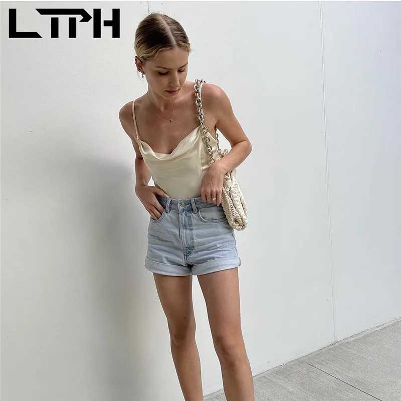 

LTPH sexy swing collar camisole top women solid color satin texture sleeveless tanks crop short 2022 summer new