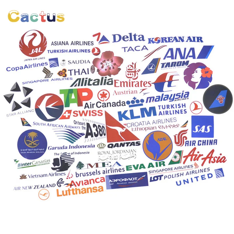 

52Pcs Airline Logo High Quality Stickers Aviation Travel Trip For Suitcase Laptop Luggage Car PVC Waterproof Sticker