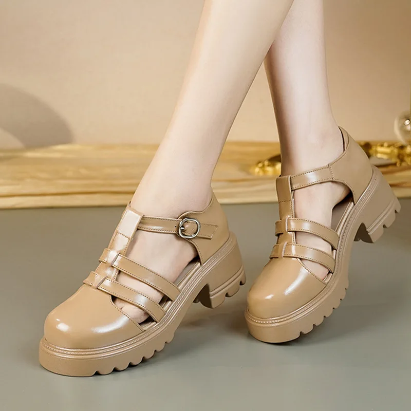 CICIYANG Women Sandals Genuine leather 2023 Summer New British Style Retro Women Sandals Woven Closed Thick Bottom Roman Sandals