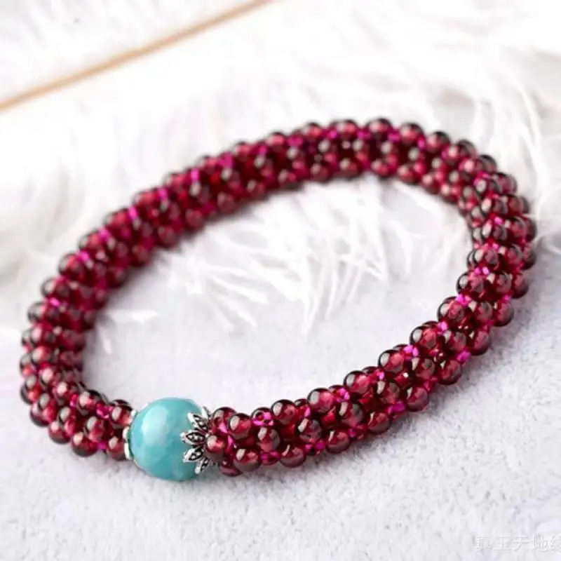 

Natural Garnet Bracelet Women Healing Gemstone Fine Jewelry Genuine Garnet Stone With Amazonite Beads Woven Bracelets Bangles